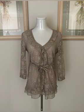 Taupe Floral Sheer Long Sleeve Blouse